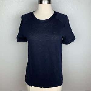 Sandro Paris Women's Top 100 % Linen Short Sleeve Pullover Navy Shirt Size 1/S
